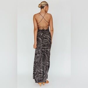 Here Come Sun Halter Lace Up Maxi Dress Small Brown Swirl Summer Resort Vacation